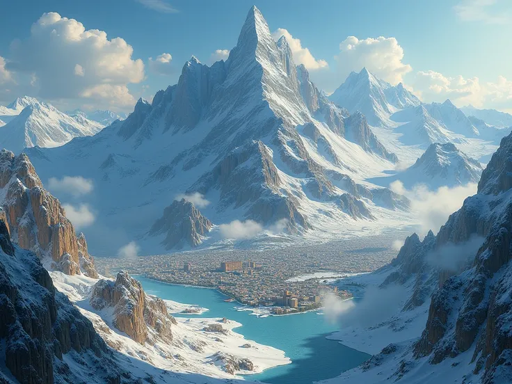 Créer une image de map de fantasy avec des lieux sci fi et des reliefs et une region de glace, necrit pas de lieux ou de location , juste une image dun monde,fais le vu du haut comme une vrai carte,et rajoute une enorme montagne glorieuse et presque divine...