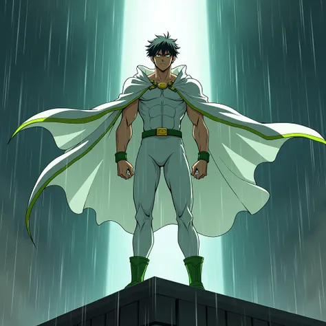 Short black-haired man with green eyes and fair skin and muscular wearing tight white clothes with long sleeves and green bracelets and green boots and a white cape with a green border and a white ray with a green border on top of a building in the middle ...