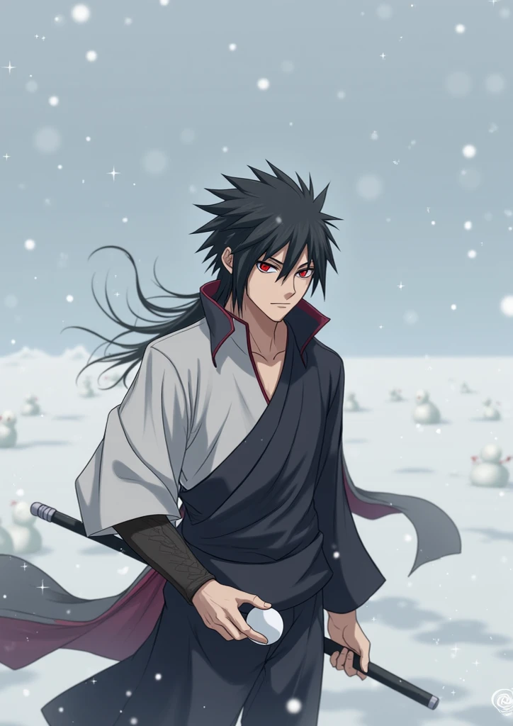 Izuna Uchiha stands alone in the vast snowy landscape, surrounded by pristine snowflakes falling gently from the sky. Some sparkle like little diamonds, while others create little snowdrifts and snowmen. The day is calm, with a subtle glow illuminating his...