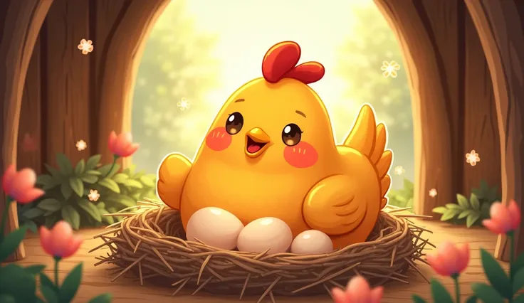 a happy golden hen has sleeping on her eggs on hen house, eggs doesnt obvious in the scene, comic-style, bloom and glare