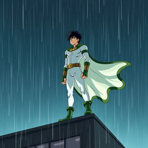 Short black-haired man with green eyes and fair skin and muscular wearing tight white clothes with long sleeves and green bracelets and green boots and a white cape with a green border and a white ray with a green border on top of a building in the middle ...