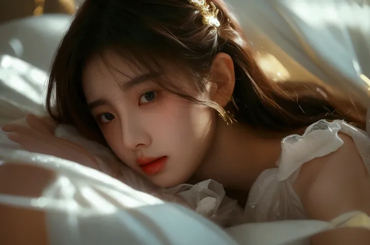 korean model , 167cm ，Movie Angle， （cute girl，anatomy correct, romantic dark ambience,  masterpiece costume，（ art，geomerty），（plethora of colorest quality，high detal，tmasterpiece，Cinematic lighting effects，4K，Chiaroscuro）realistic lighting, on a bed