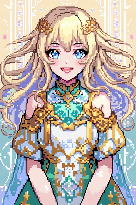 A modelo está usando óculos de sol de vid"Create a highly detailed pixel art illustration of a beautiful anime-style girl. She has a fair complexion, long and flowing blonde hair, and bright blue eyes that sparkle with life. Her features are soft and youth...