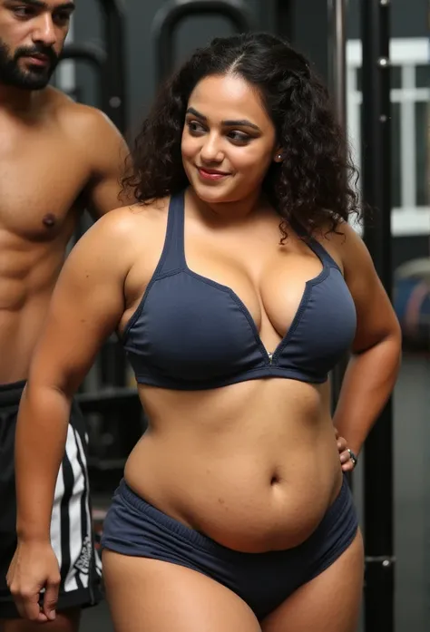 Indian curvy, dusky woman doing sports, big breasts and buttocks, deep cleavage, round navel, sports bra and very short tight shorts, black hair tied back, lifting weights.a male trainer touching her navel in behind he wering a black shorts 4K ultra defini...