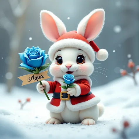  cute rabbit wearing a Santa Claus costume holding a blue rose、holding a blue rose、A ribbon with aQuas name on it 、In the snow