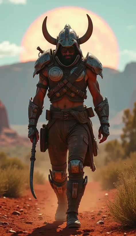 A rugged, outback warrior in weathered, adaptive armor with boomerangs that hover and rotate at his shoulders. His high-tech energy whip flickers faintly as he walks through a futuristic cityscape, the skyline dominated by Uluru glowing under an enormous h...