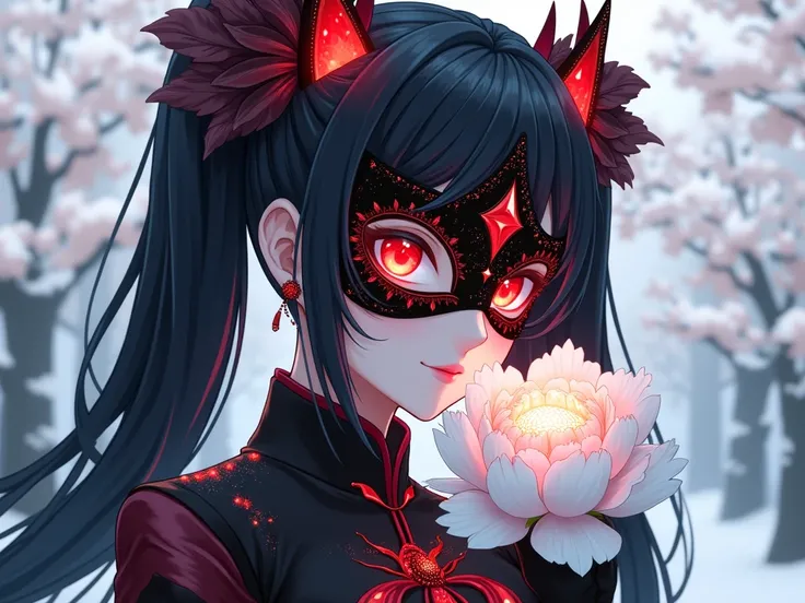 (masterpiece), best quality, perfect face, expressive eyes, TWE: (older Female, onee-sama, in her 20s), white skin, very tall, thin, athletic, fit, (very long black twintails:1.3, quadtails, fluffy bangs), (Black sparkling optic domino mask with elegant la...