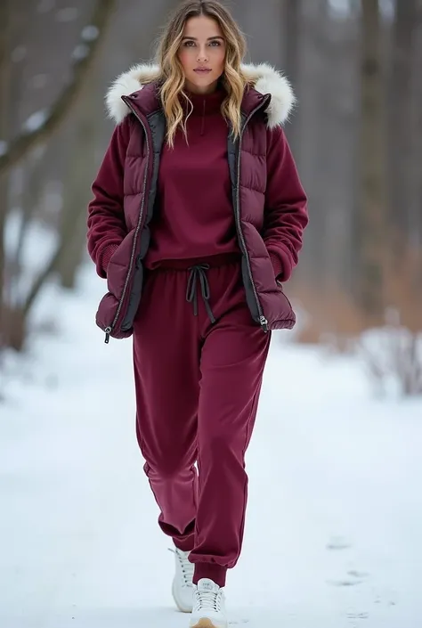 a beautiful woman of European appearance, size 2 xl, stands in the photo in a warm winter sports suit of burgundy color which consists of three parts, ordinary tapered sweatpants, a sweatshirt with a round neck without a hood and a vest with a hood and ins...