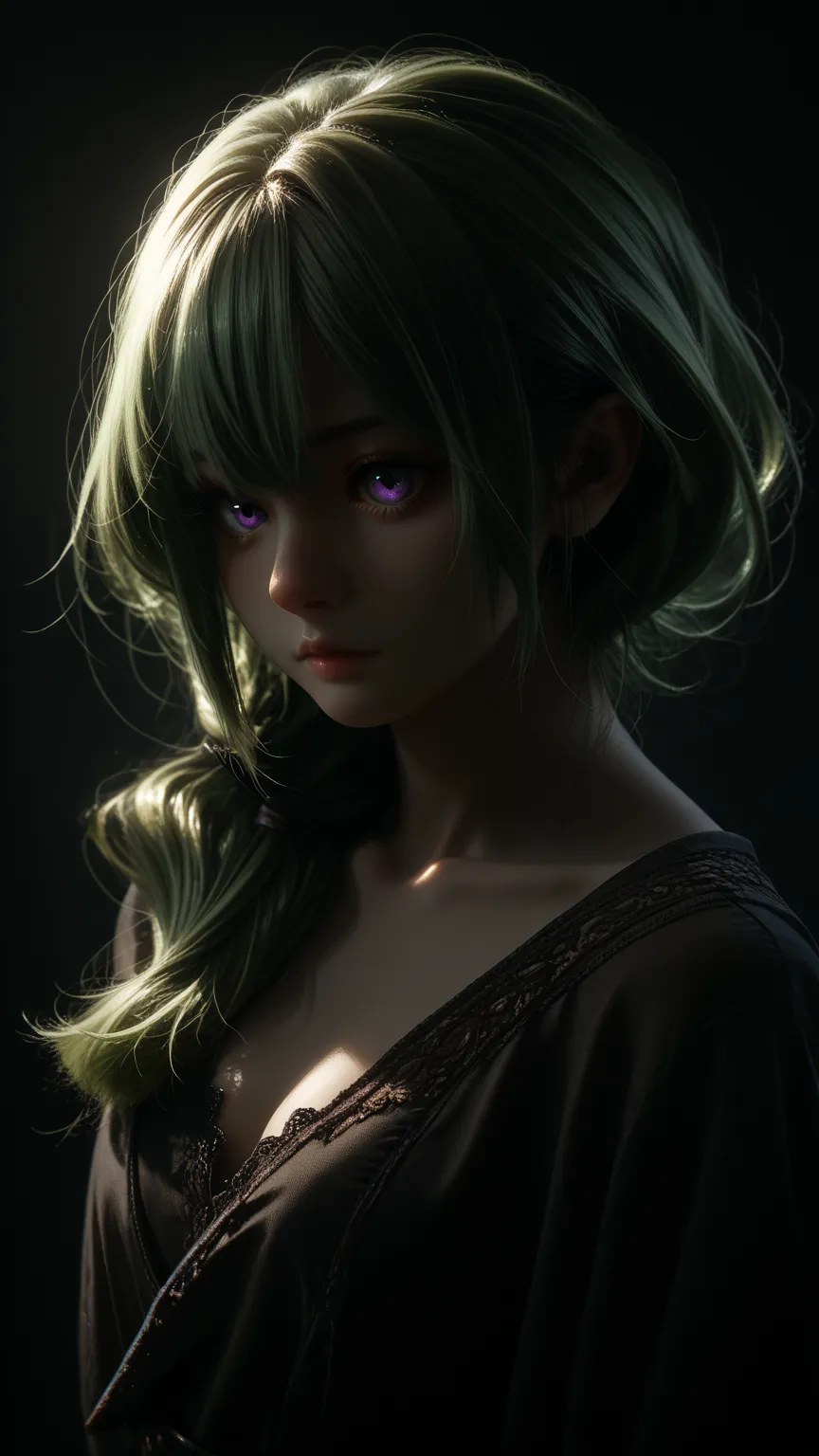 ubel, green hair, purple eyes,