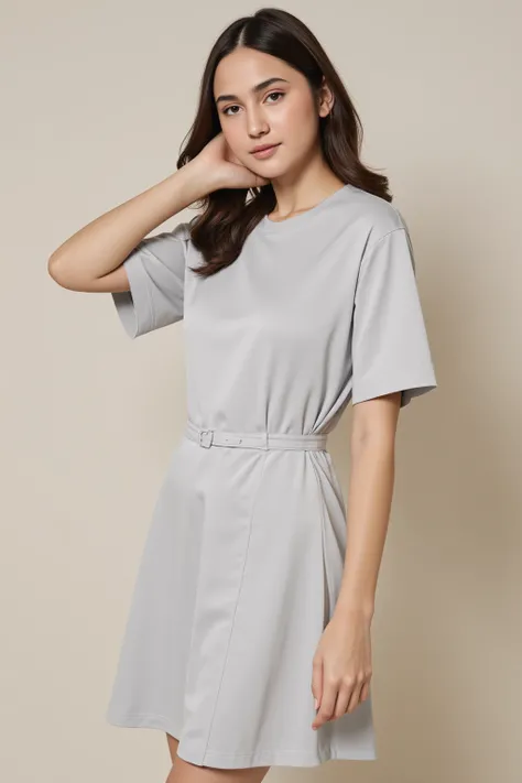 An elegant girl (clothing color soft light gray) wearing a minimalist style dress with a light gray overall color, a round neckline that fits the neck without revealing too much skin, elegant and neat. Sleeve type short sleeved, 5-8 centimeters below the s...