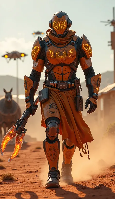 A rugged and imposing warrior clad in adaptive nanotech armor that dynamically shifts its desert-toned camouflage to blend seamlessly with the environment. His armor is accented with glowing boomerang-shaped energy projectors on his shoulders and gauntlets...