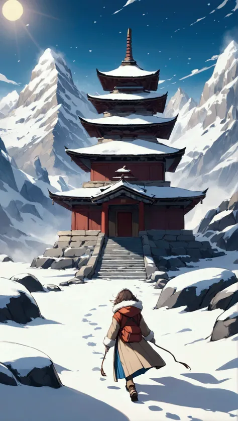 An anime-style scene depicting a girl walking gracefully through deep snow, heading towards an ancient temple made of stone. The girl is dressed in a long, warm coat with a fur-lined hood, her steps leaving soft impressions in the untouched snow. The templ...