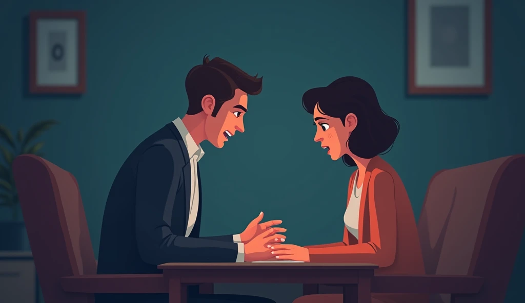 (Make in the flat designer model )  A couple in a domestic environment where one person is emotionally manipulating the other .  The manipulated person seems anxious and confused ,  while the manipulator demonstrates an expression of control and superiorit...