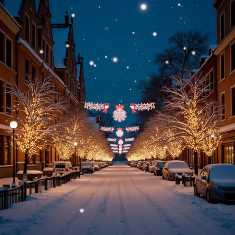 A city with the Christmas spirit ,  at night,  snowy streets and beautiful decorations in 4k