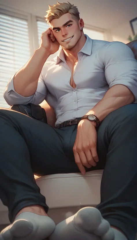 muscular man in office attires, pants:2, sitting on a sofa showing smelly socks, Low angle, long shoot, good quality face