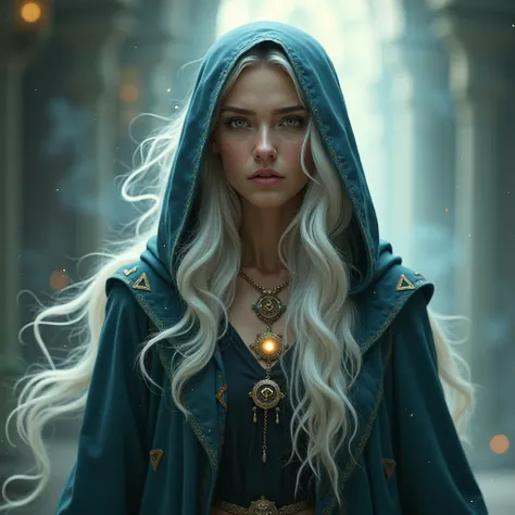 Wise white-haired sorceress 50 years old young woman with a hoodie