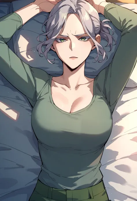 grey hair, short ponytail, green eyes, short hair, parted bangs, colored eyelashes, grey shirt, collarbone, cleavage, long sleeves, green pants,lieing on the bed,arms up,in the bedroom,looking at viewer
