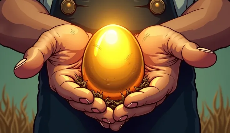 a golden egg in a farmers hands but the farmer himself is not obvious in the scene and he take the egg with two hands, comic-style, bloom and glare