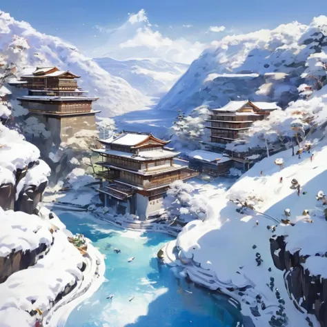 （Japanese Style），（Snowy Cliff :1.4），Snow Scene、 Ultra Long View Angle，Norman， Scenery， best quality ，  Details