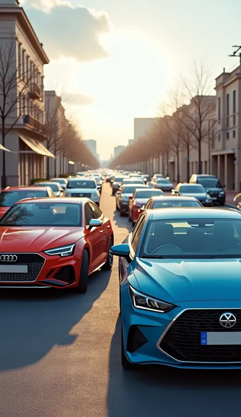 several Nissan ,  Wolsvagen cars posing on an unpopulated street