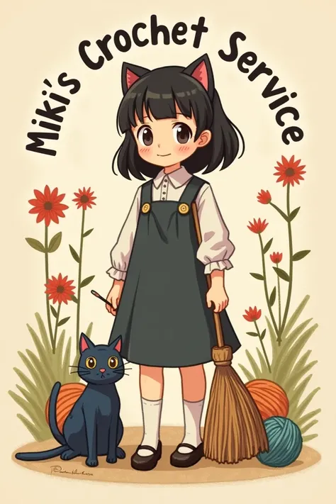 Kiki from delivery service, her hair is in side part bangs, in her right side is a crochet hook instead of broom, and on her left side is yarn shaped cat, with a title "Mimi’s Crochet Service" surrounding her
