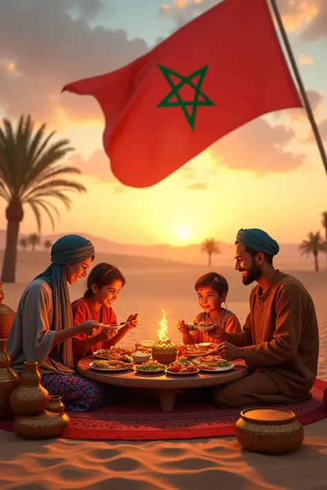 Beautiful morrocan s and parents eating together at the sahara desert with the morrocan flag in the background