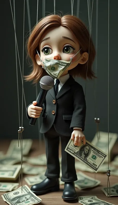 A hyperrealistic image of a close-up of a sad female journalist puppet, microphone in hand, with her mouth covered by a banknote, with strings, with an 80% off discount coupon hanging from her body. On a catwalk. Bundles of banknotes. Sarcastic image.
