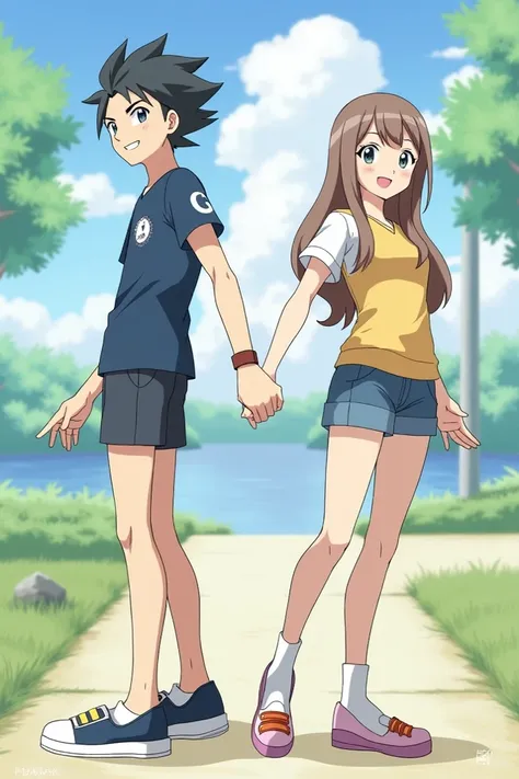 Two Pokémon trainers, a woman with bangs light brown hair and a man with short black hair, They are holding hands directing their bodies to the left side,happy looking to the front, Their full bodies must be seen and the image must be in anime style