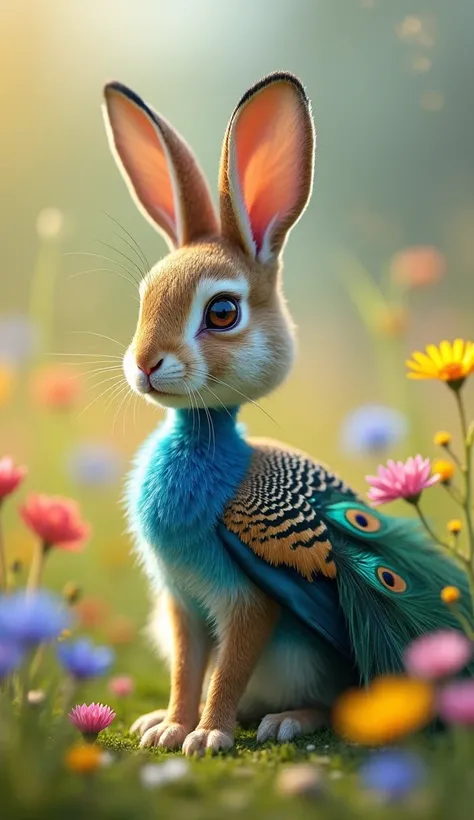 "Create a hyper-realistic image of a hybrid mutant combining a baby peacock and a baby rabbit in a colorful, blooming meadow. The hybrid has the small, round body of a rabbit, covered in soft fur, but its hind legs are feathered, transitioning seamlessly i...