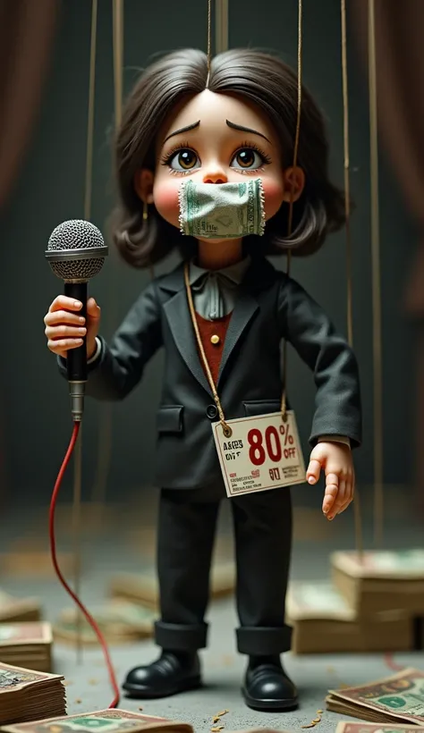 A hyperrealistic image of a close-up of a sad female journalist puppet, microphone in hand, with her mouth covered by a banknote, with strings, with an 80% off discount coupon hanging from her body. On a catwalk. Bundles of banknotes. Sarcastic image.
