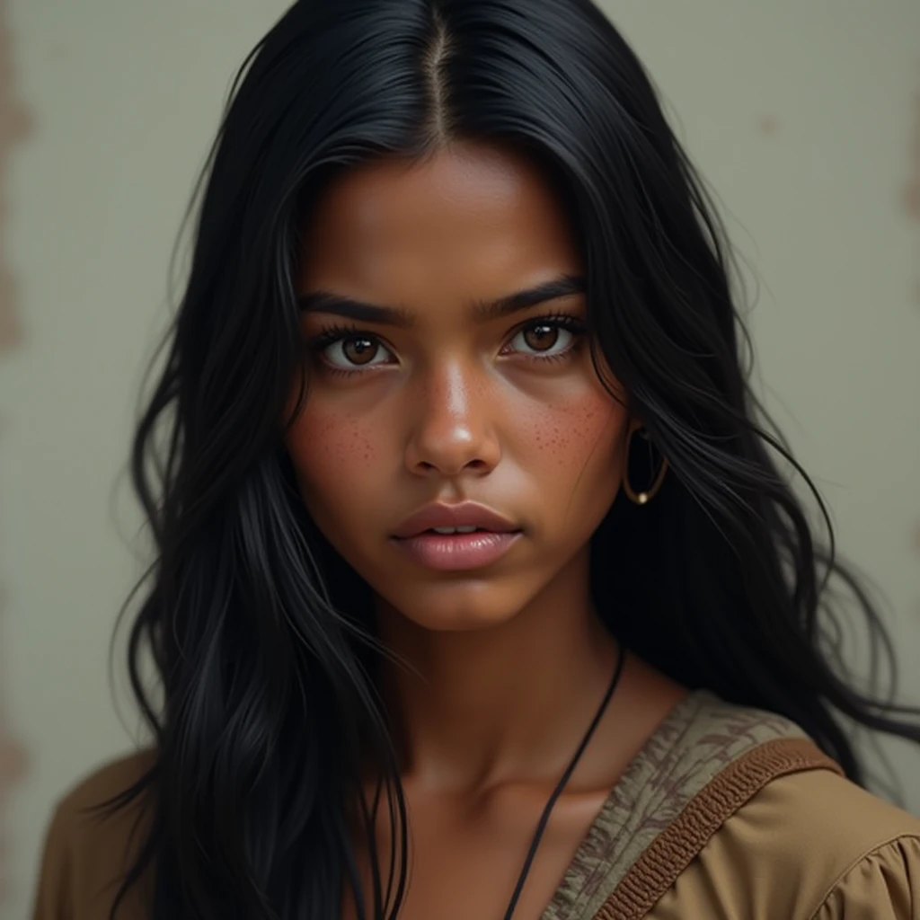  Native American woman , 19 years old,  straight black hair ,  brown eyes , pele morena, Thick eyebrow ,  full lips , olhar profundo, angry expression dressed in indigent clothes