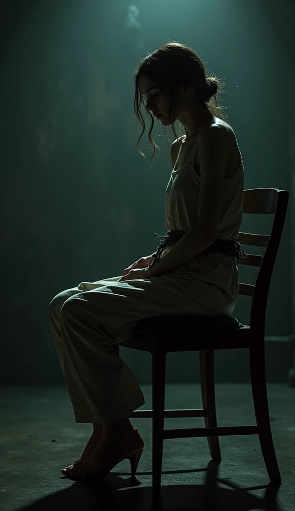 8k photograph of a German girl in a nylon jumpsuit ,  she is tied to a chair in a dark cellar room and only she is illuminated. Absolutely realistic image ,  High details, Bondage, Young German girl 