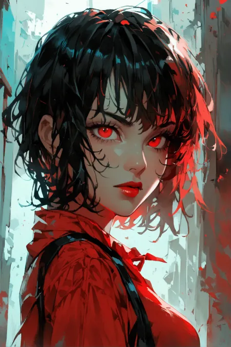 1 girl, Yoru character ,  manga man chainsaw ,  looking at camera, arrogant, calm look, нагнетающая Atmosphere, camera bottom up, dynamics, art,  high quality , Atmosphere, depth, contrast,  limited palette of red black white.