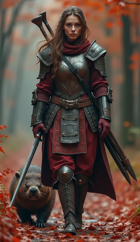 Create A Canadian Unreal Beauty Female Warrior Walking, Wearing Armoured Warrior Outfit, Unreal Face Skin, Short Hairs , Blue Eyes , A Giant Beaver Walking With Her , Weapons In Back , Beautiful Aesthetic Nature Background , Walking Straight High Resolutio...