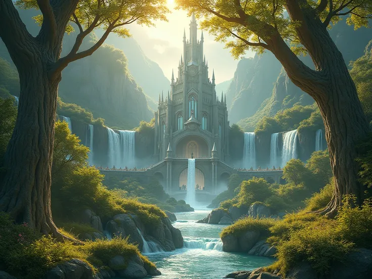 (photorealism:1.2,  Create an image based on the work of J .r.r. TOLKIEN,  depicting the city of Lothlorien ,  city of the elves with its magnificent buildings , waterfalls and nature ,  highlighting the luminosity as a dreamlike city would be.  All this g...