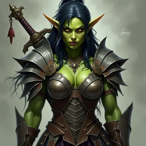 Portrait of an orc woman with green skin in armor with a sword behind her back