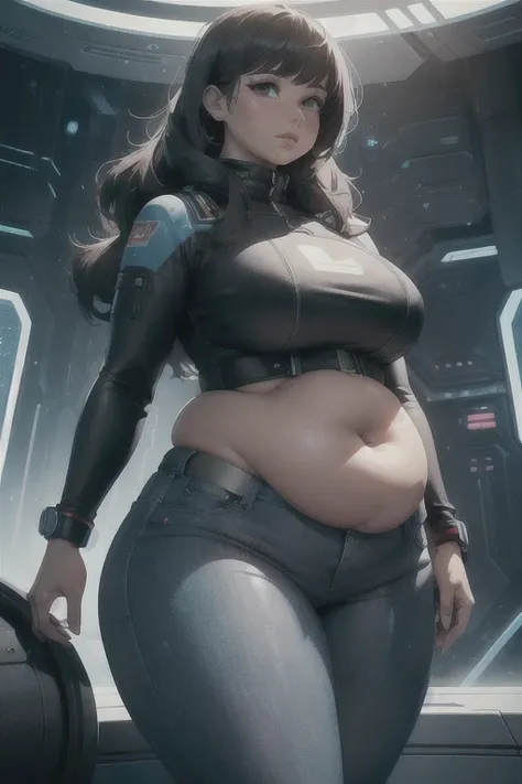 (Best quality), (high resolution), (detailed),1woman, curvy lady, thicc, chubby belly,futuristic style, future fashion, futuristic jeans, cosmonaut woman, space jeans