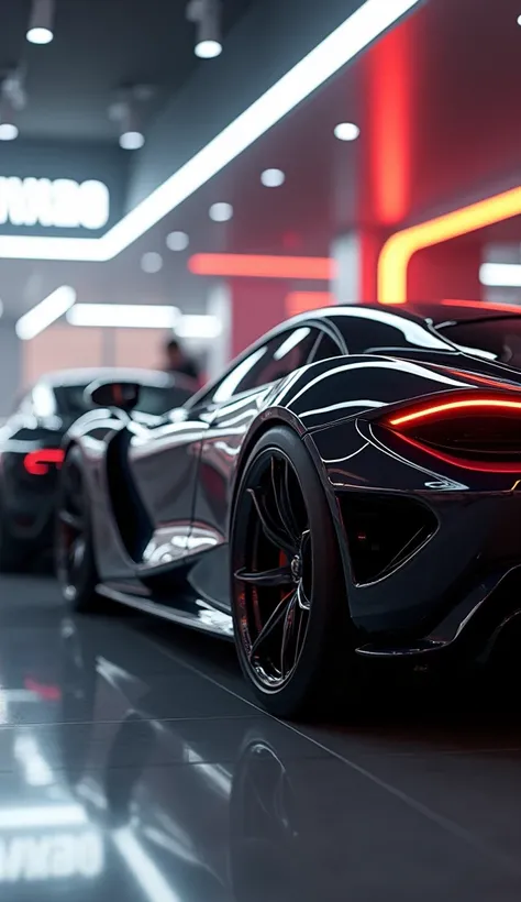 Generate a realistic image 2025 McLaren 750s front left right side review bright black color in luxury showroom with white and red roof lighting