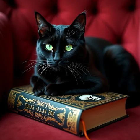  Create an image that shows a black cat with green eyes lying on a book with the cover illustrated,  where  "Edgar Allan Poe" in golden letters. The cover features Gothic art ,  with elements such as a skull and decorative details .  The cat is on a red fa...