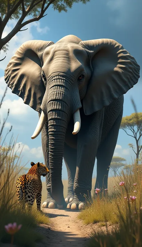 A Leopard and a Elephant seeing each other, high revolution, realistic 