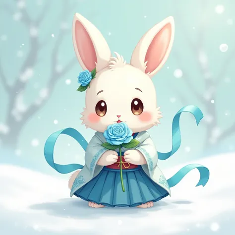  cute rabbit wearing a blue hakama、holding a blue rose、AQUA ribbon 、In the snow