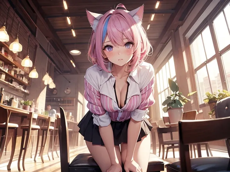 nsfw, top-down bottom-up, vaginal,sex, pink and light blue ((streaked hair)), highlights hair, masterpiece,  happy, medium breasts, looking at viewer,idol, full body shot, in the cafe, medium shot, purple droopy eyes, petite, Full-HD, a girl, anime,  looki...