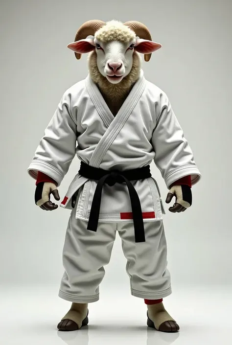 Create an ultra realistic image of a standing sheep dressed as an angrily faced jiu-jitsu fighter, No horns pants without fleece.  With white clothes and red details, no gloves on hands , with black waist band .