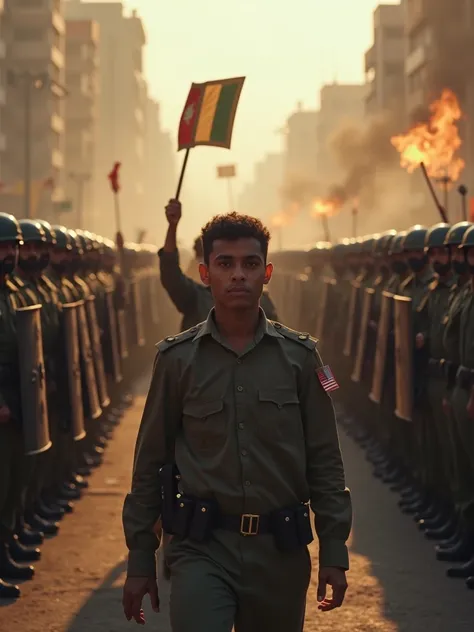 "In a desolate city square, a fierce confrontation unfolds between pakistani armed forces and civilians. face to face war wapons Smoke and tear gas veil the skies, while protestors hold banners aloft, their voices a mixture of defiance and despair. Soldier...