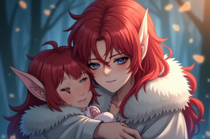 Yinlin as an , with red hair and elven ears, embraced by her mother, Elysia, the Herrscher of Human: Ego, from Wuthering Waves and Honkai Impact 3rd, respectively. Yinlin, with soft, innocent features and big, curious eyes, rests peacefully in her mothers ...