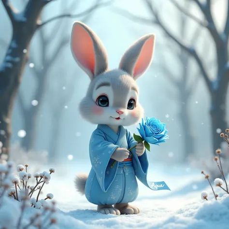 A boy rabbit in a blue kimono、I have a blue rose、In the snow、A ribbon with aQuas name on it 