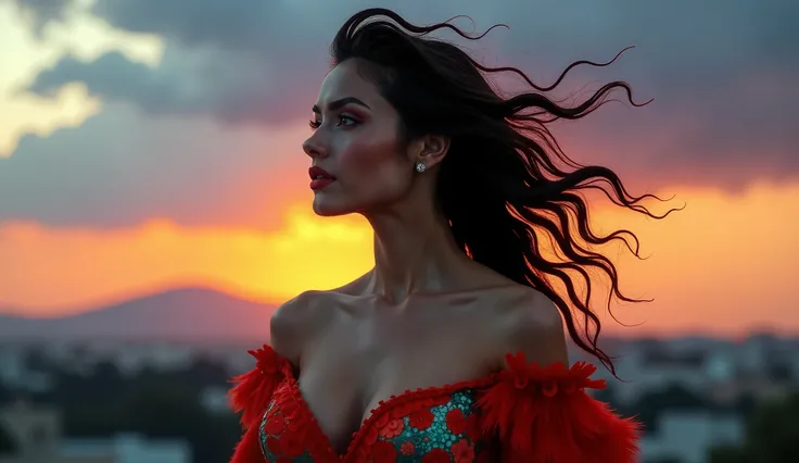 Image of a dark-haired woman with windblown curls, her hair is intertwined, like a flame against the twilight sky., radiating unbridled beauty, Big breasts, wearing a sexy artistic outfit with artistic prints inspired by britto, wearing an avant garde outf...