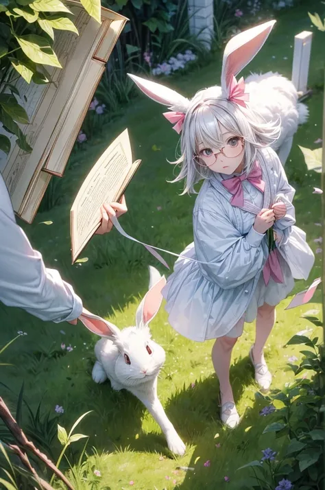 A white RABBIT standing on its hind legs, wearing small, round, wire-rimmed glasses and a pink bow around its ne  it is standing on lush green grass with nothing else shown. IT must look like a rabbit.  It holds an open book tilted at a 45-degree angle tow...