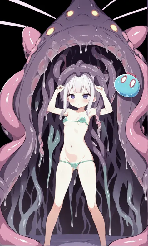 An entranced woman (cute, nude, age 20, mesmerized, slime bikini) is led into a slimy tentacle chamber on an alien space ship, there an alien doctor with many tentacles examines and probes her
