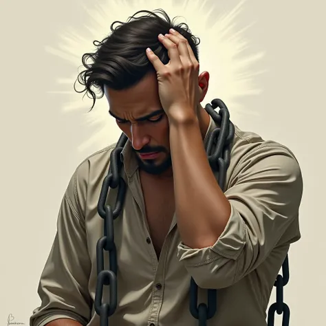 A man with chains, he has his hand on his head, as if he were worried, as if he were thinking something, and he doesnt know what attitude to take the chains is as if it means something spiritual in his life that needs to be broken.